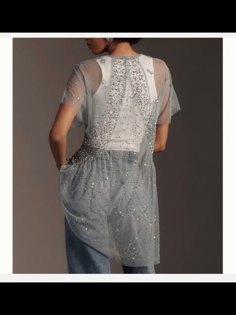 Anthropologie Sheer Embellished Sky Blue Tunic Top - Picture 3 of 6